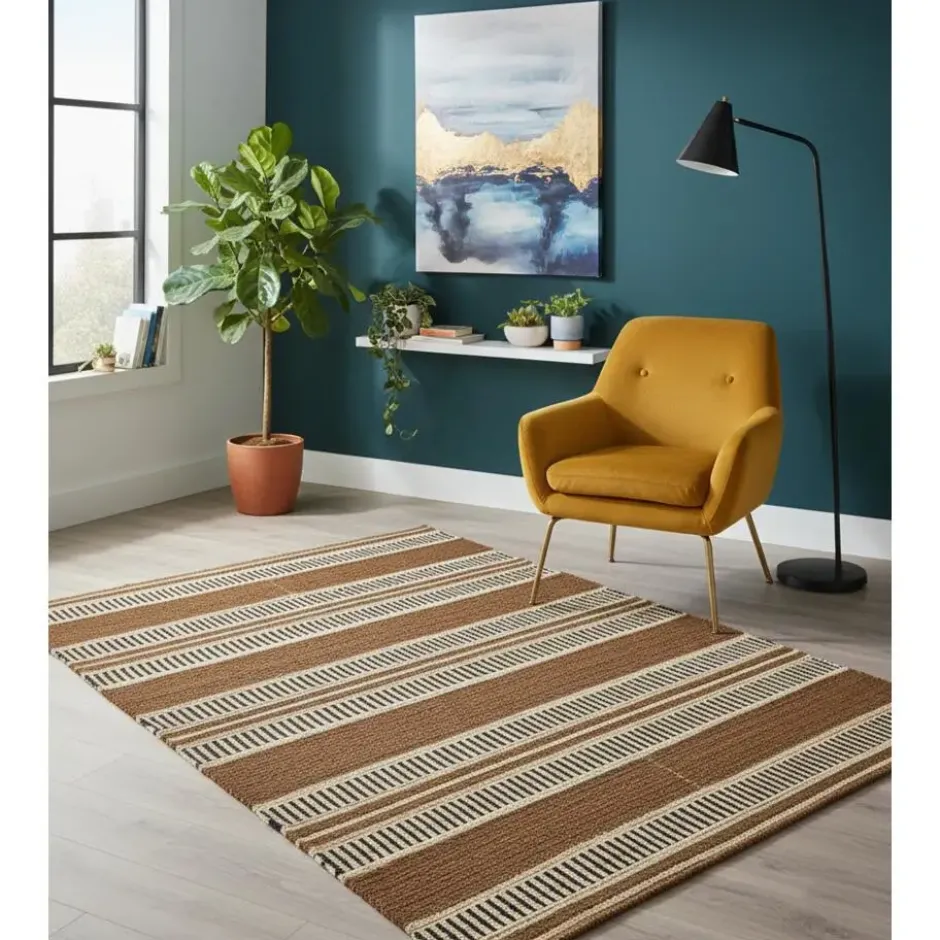 Rechthoekig katoenen tapijt met bruine en ecru motieven 90 x 60 cm