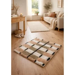 Rechthoekig katoenen tapijt met bruine en ecru motieven 90 x 60 cm