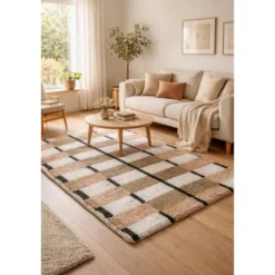 Rechthoekig katoenen tapijt met bruine en ecru motieven 120 x 180 cm