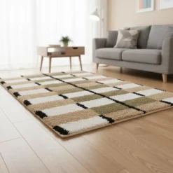 Rechthoekig katoenen tapijt met bruine en ecru motieven 120 x 180 cm