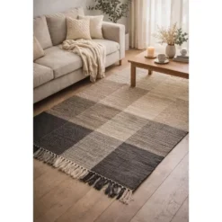 Rechthoekig katoenen tapijt met beige en zwarte motieven 120 x 180 cm
