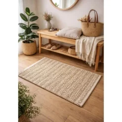 Rechthoekig katoenen tapijt met bruine en ecru motieven 90 x 60 cm