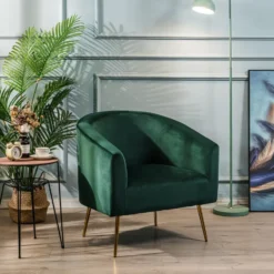Retro stijl groene fluwelen en metalen salon fauteuil