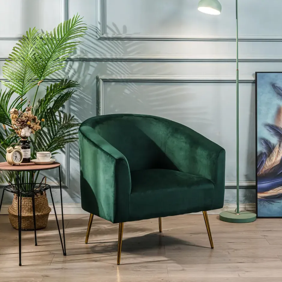 Retro stijl groene fluwelen en metalen salon fauteuil