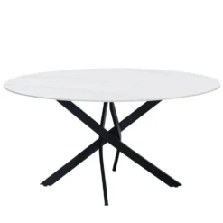 Ronde eettafel Vivian Ø150 cm marmerlook wit spinpoot - Stoneware - Wit