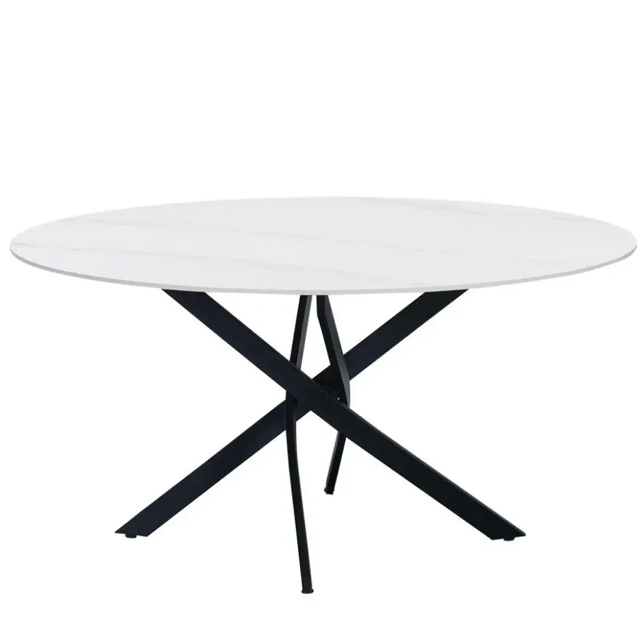 Ronde eettafel Vivian Ø150 cm marmerlook wit spinpoot - Stoneware - Wit