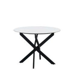 Ronde eettafel Vivian Ø150 cm marmerlook wit spinpoot - Stoneware - Wit