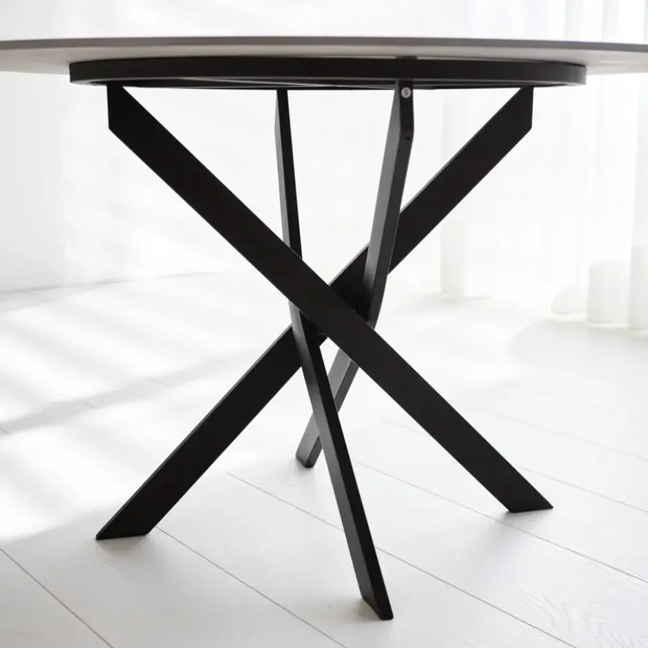 Ronde eettafel Vivian Ø150 cm marmerlook wit spinpoot - Stoneware - Wit