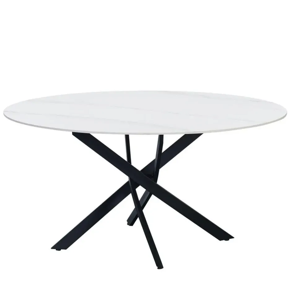 Ronde eettafel Vivian Ø150 cm marmerlook wit spinpoot - Stoneware - Wit