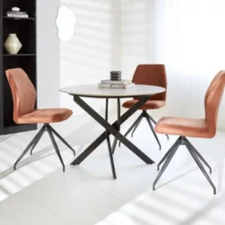 Ronde eettafel Vivian Ø110 cm marmerlook wit spinpoot - Stoneware - Wit
