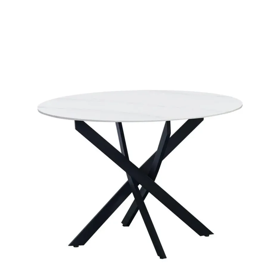 Ronde eettafel Vivian Ø110 cm marmerlook wit spinpoot - Stoneware - Wit