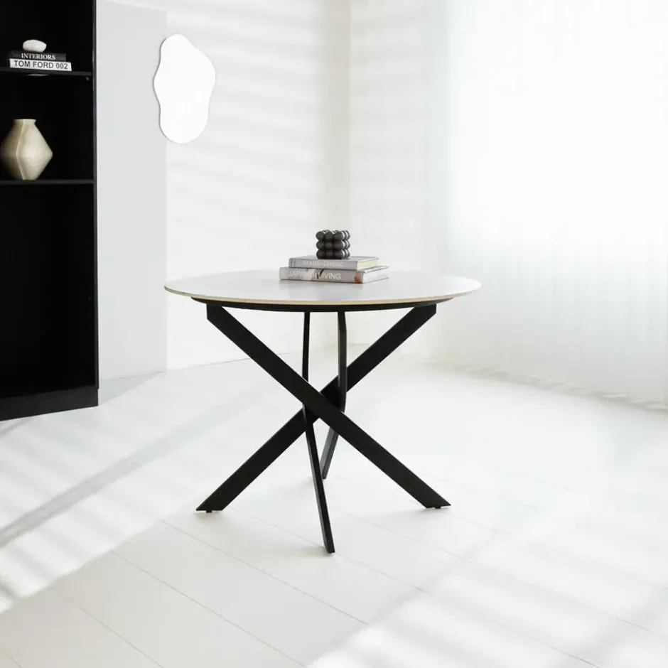 Ronde eettafel Vivian Ø110 cm marmerlook wit spinpoot - Stoneware - Wit
