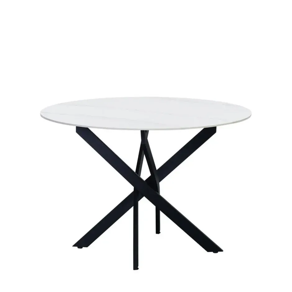 Ronde eettafel Vivian Ø110 cm marmerlook wit spinpoot - Stoneware - Wit