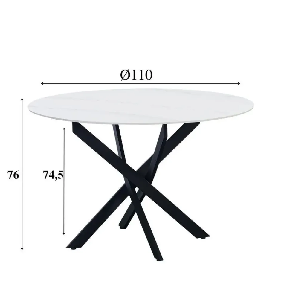 Ronde eettafel Vivian Ø110 cm marmerlook wit spinpoot - Stoneware - Wit