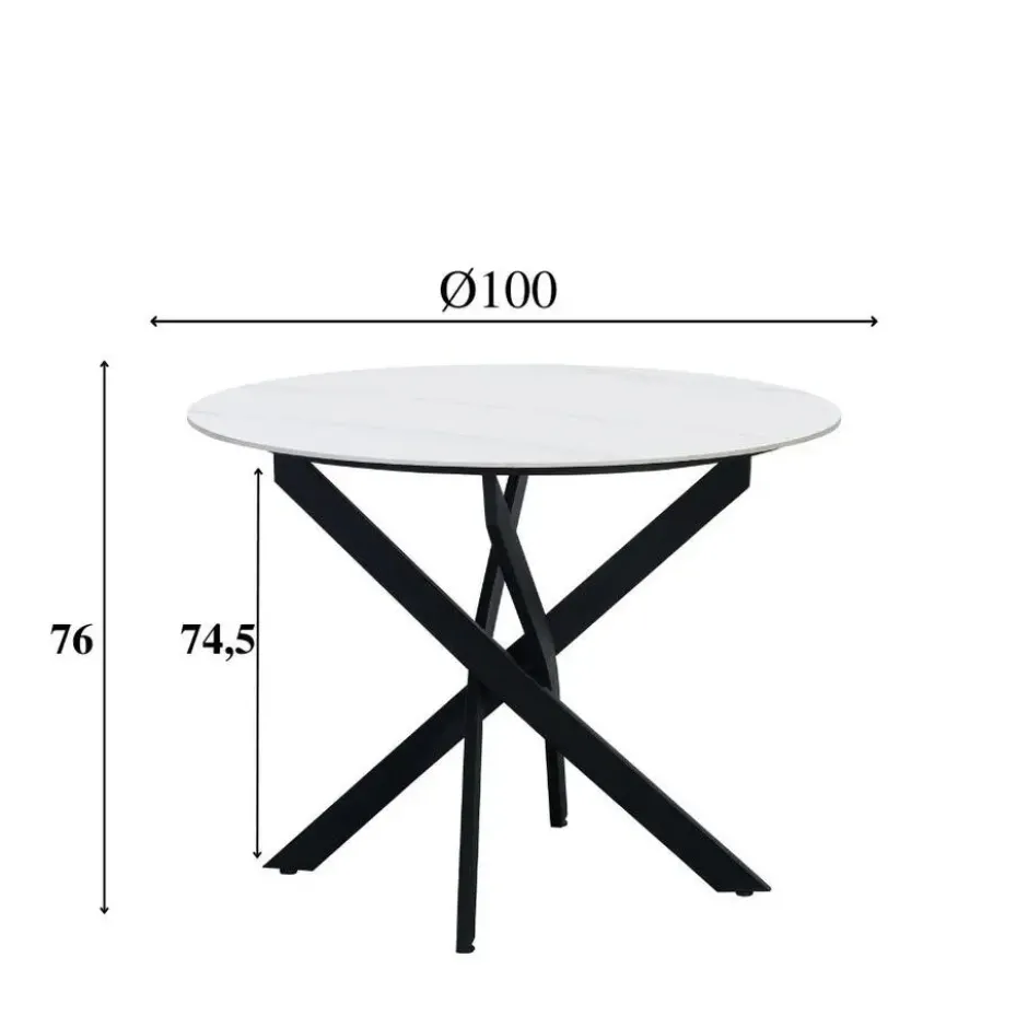 Ronde eettafel Vivian Ø100 cm marmerlook wit spinpoot - Stoneware - Wit