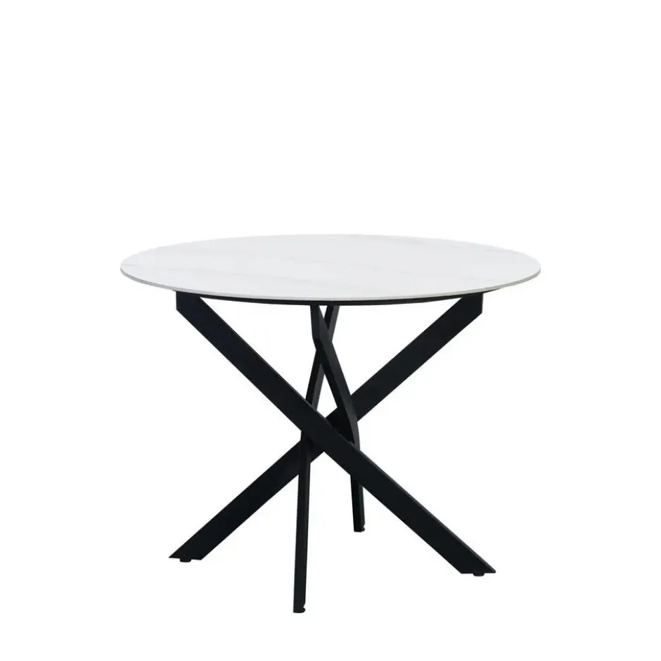 Ronde eettafel Vivian Ø100 cm marmerlook wit spinpoot - Stoneware - Wit