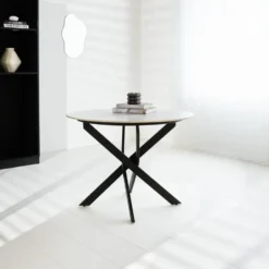 Ronde eettafel Vivian Ø100 cm marmerlook wit spinpoot - Stoneware - Wit