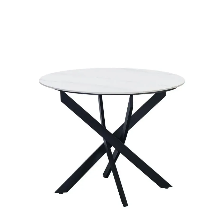 Ronde eettafel Vivian Ø100 cm marmerlook wit spinpoot - Stoneware - Wit