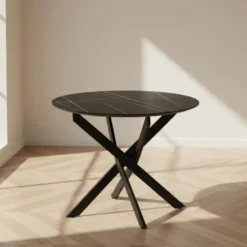 Ronde eettafel Vivian Ø150 cm marmerlook zwart spinpoot - Stoneware - Zwart