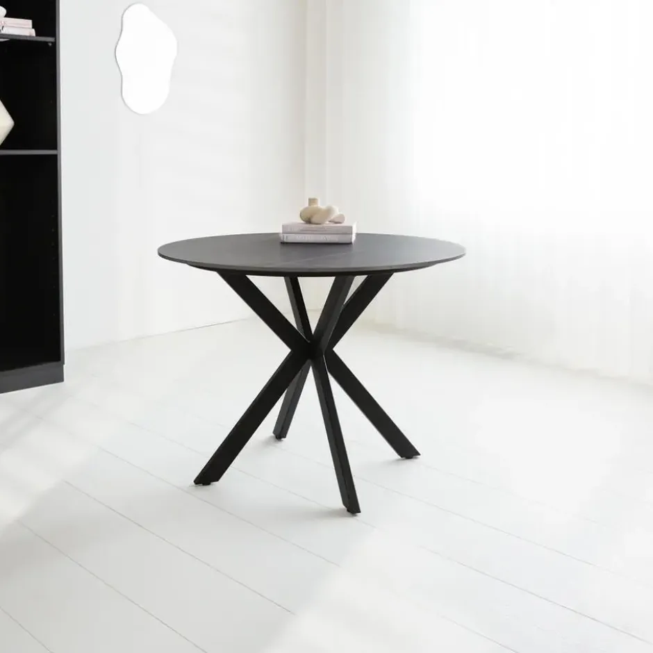 Ronde eettafel Yuna Ø110 cm cm marmerlook zwart - Stoneware - Zwart