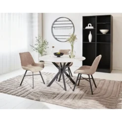 Ronde eettafel Yuna Ø150 cm marmerlook wit - Stoneware - Wit
