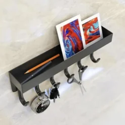 Ruhhy Kapstok - zwart - 8 x 24 cm - ijzer - 6 haken - met plank