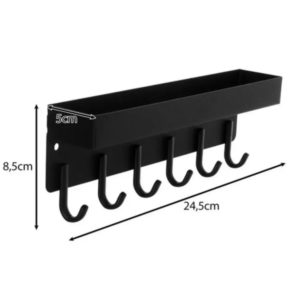 Ruhhy Kapstok - zwart - 8 x 24 cm - ijzer - 6 haken - met plank