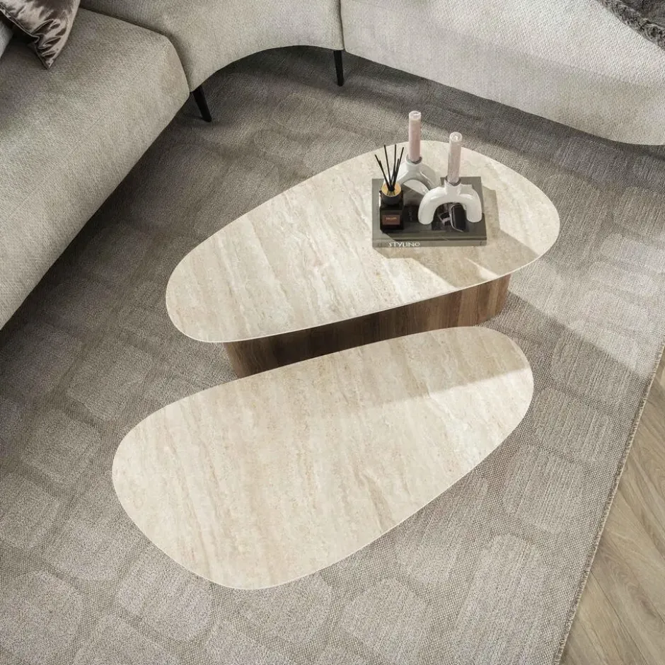 Salontafel Driehoek Walnoot/Travertin - 90x43x40cm - Set Van 2