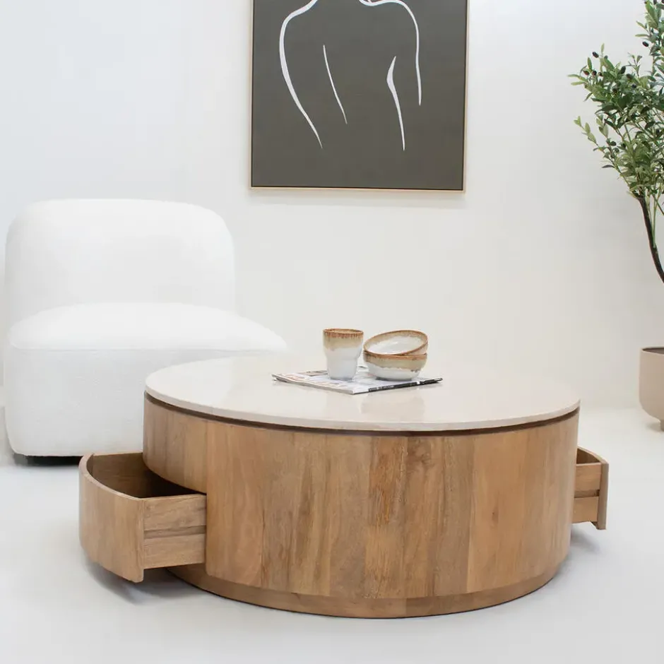 Salontafel Marmer Naturel - 90x90x35cm - Met Lades - Elan