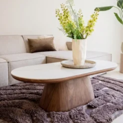 Salontafel Ovaal - Walnoot Hout/Keramisch - 120x60x38cm - Alba