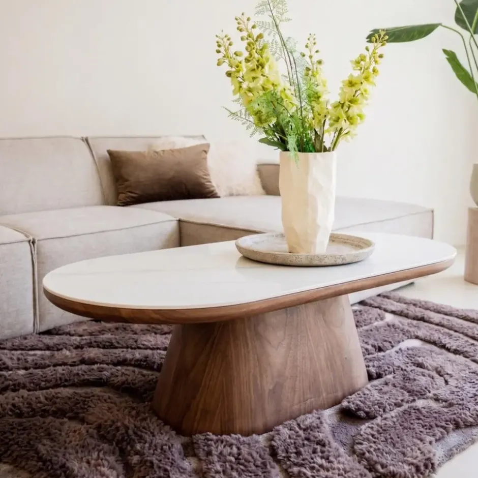 Salontafel Ovaal - Walnoot Hout/Keramisch - 120x60x38cm - Alba