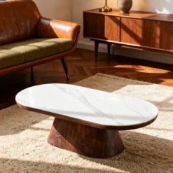 Salontafel Ovaal - Walnoot Hout/Keramisch - 120x60x38cm - Alba