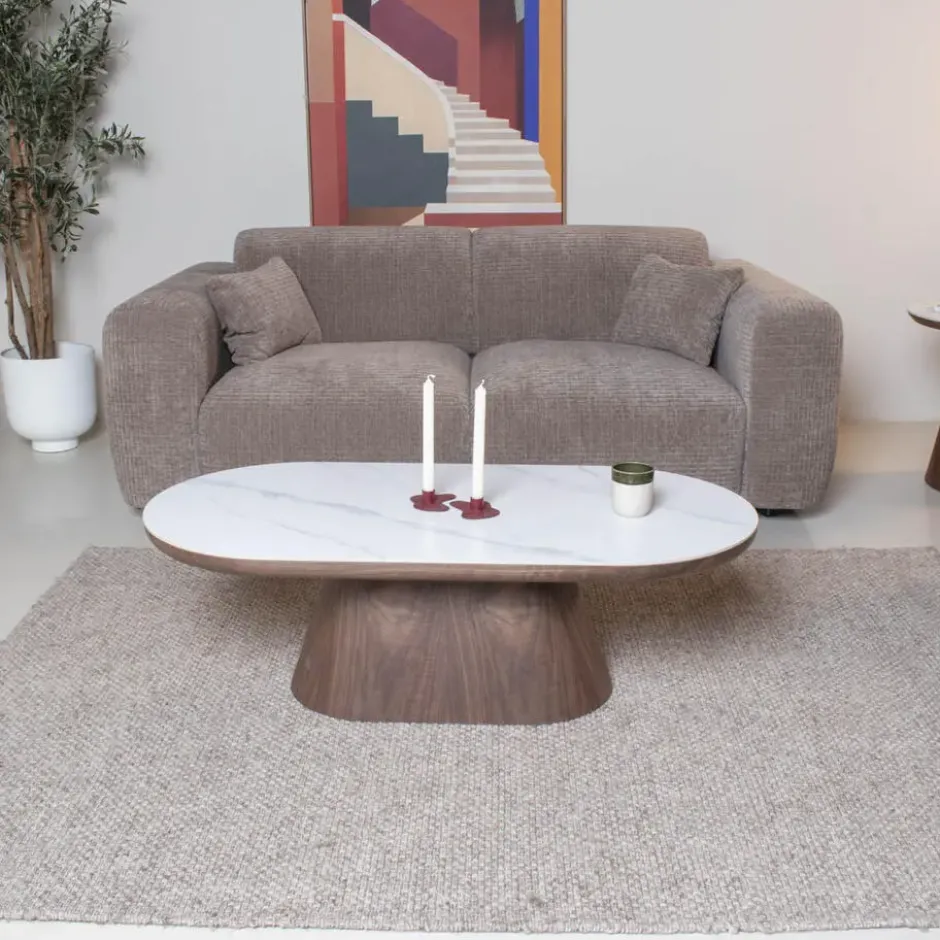 Salontafel Ovaal - Walnoot Hout/Keramisch - 120x60x38cm - Alba