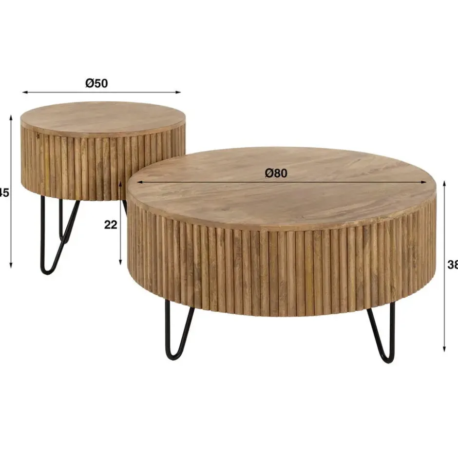 Salontafel Rond 80cm - Naturel Mangohout - Set Van 2 - Wave