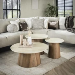 Salontafel Rond Walnoot/Travertin - 80x80x35cm - Set Van 3