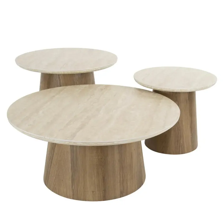 Salontafel Rond Walnoot/Travertin - 80x80x35cm - Set Van 3