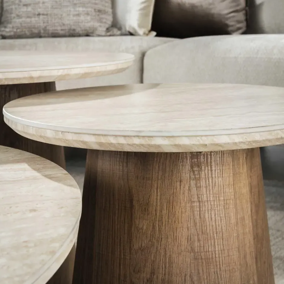 Salontafel Rond Walnoot/Travertin - 80x80x35cm - Set Van 3