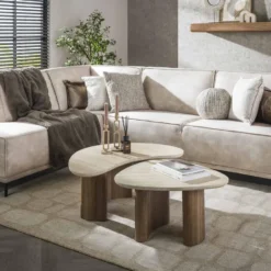 Salontafel Set van 2 - Organisch Travertin - Beige/Hout - Organic