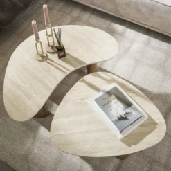 Salontafel Set van 2 - Organisch Travertin - Beige/Hout - Organic