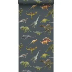 Sanders & Sanders behang dinosaurussen donkerblauw en groen - 50 x 900 cm