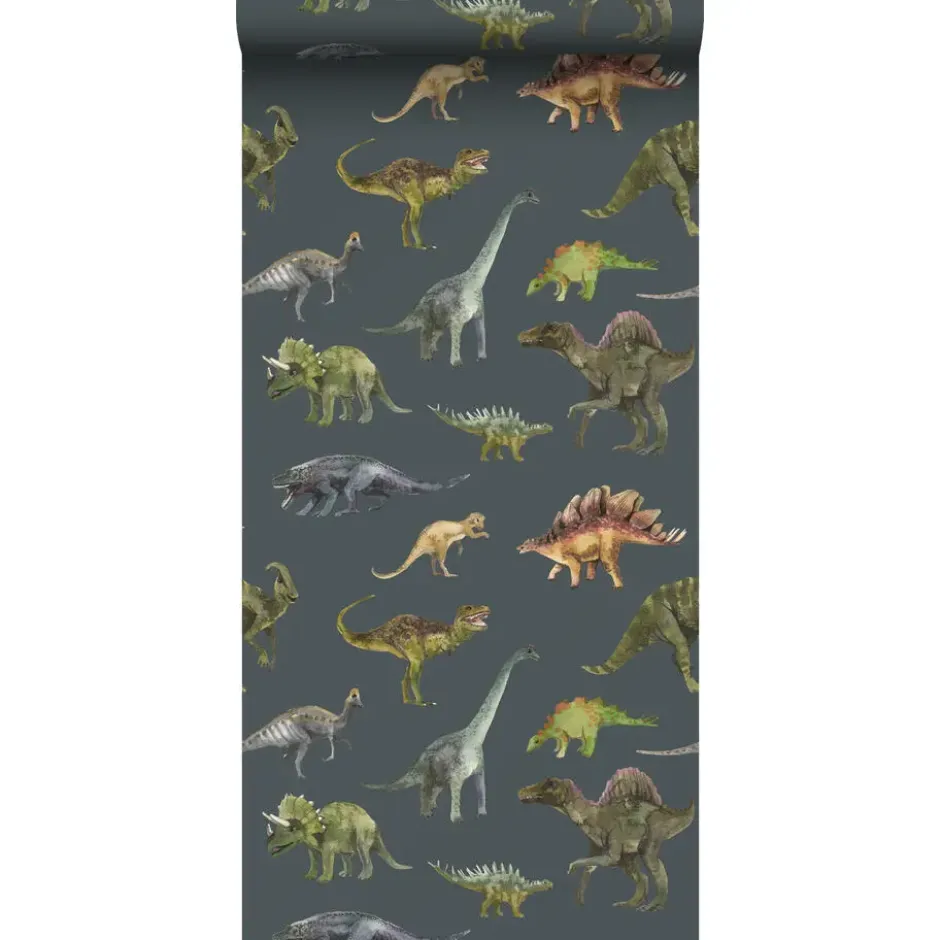Sanders & Sanders behang dinosaurussen donkerblauw en groen - 50 x 900 cm