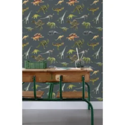 Sanders & Sanders behang dinosaurussen donkerblauw en groen - 50 x 900 cm
