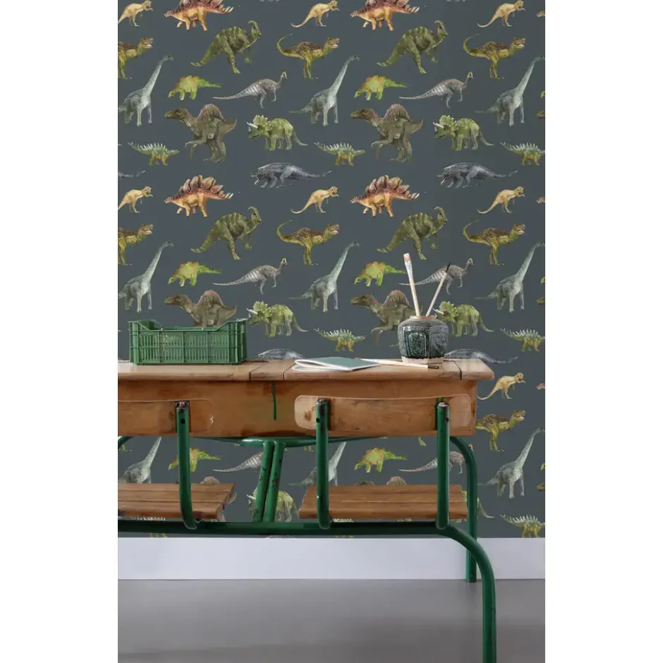 Sanders & Sanders behang dinosaurussen donkerblauw en groen - 50 x 900 cm