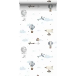 Sanders & Sanders behang luchtballonnen blauw en wit - 53 cm x 10 m