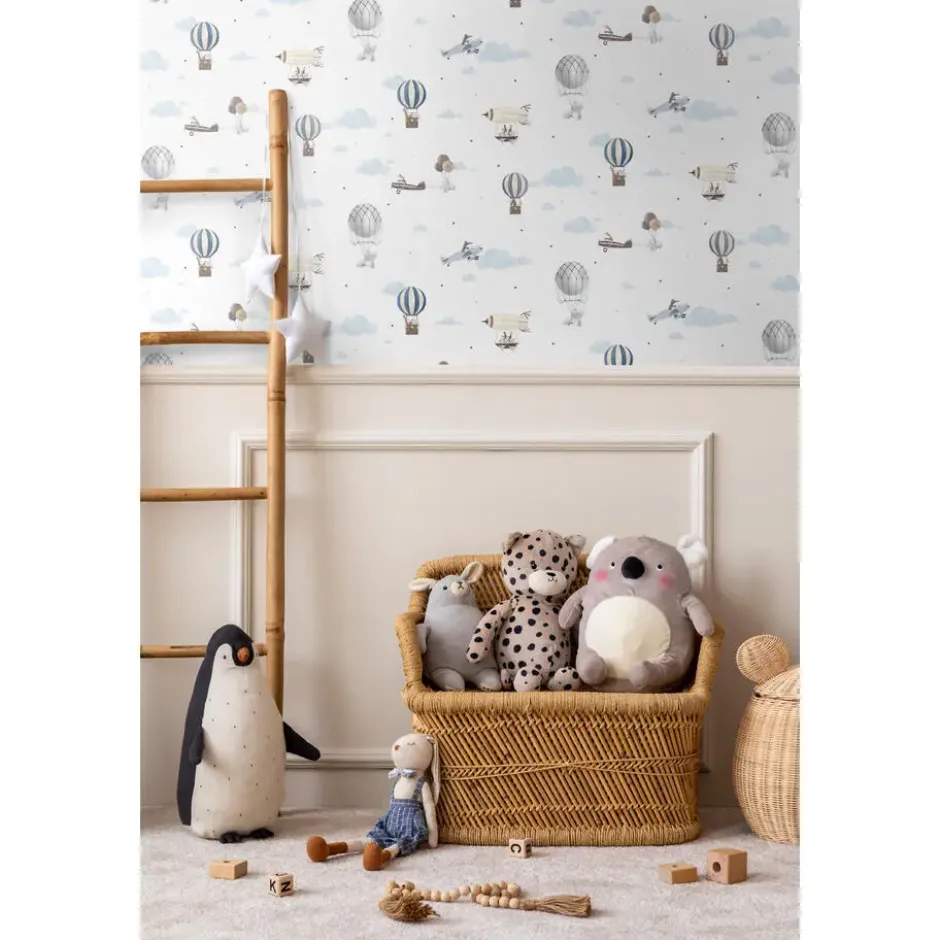 Sanders & Sanders behang luchtballonnen blauw en wit - 53 cm x 10 m