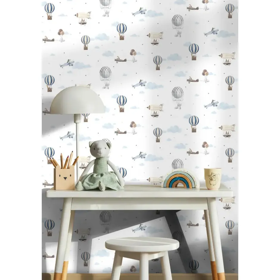 Sanders & Sanders behang luchtballonnen blauw en wit - 53 cm x 10 m
