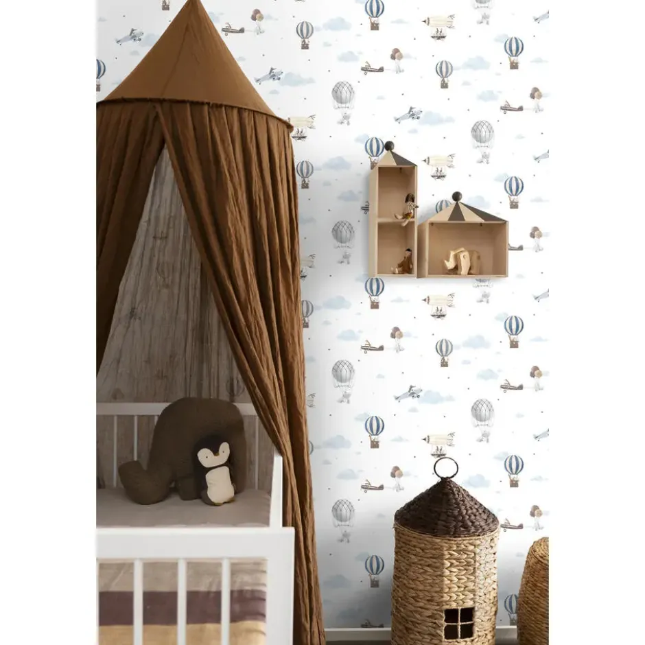 Sanders & Sanders behang luchtballonnen blauw en wit - 53 cm x 10 m