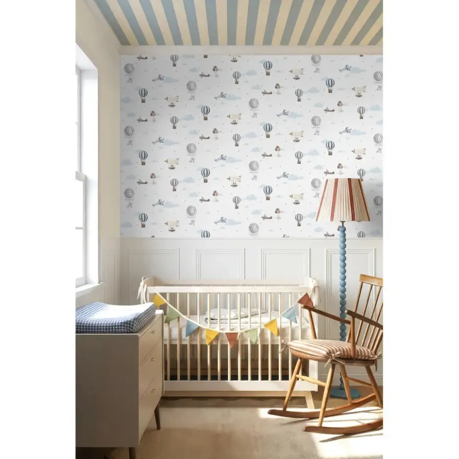 Sanders & Sanders behang luchtballonnen blauw en wit - 53 cm x 10 m