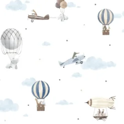 Sanders & Sanders behang luchtballonnen blauw en wit - 53 cm x 10 m