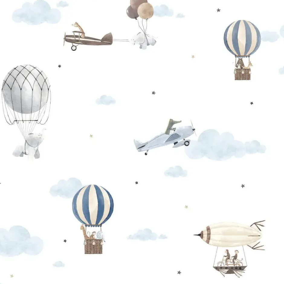 Sanders & Sanders behang luchtballonnen blauw en wit - 53 cm x 10 m